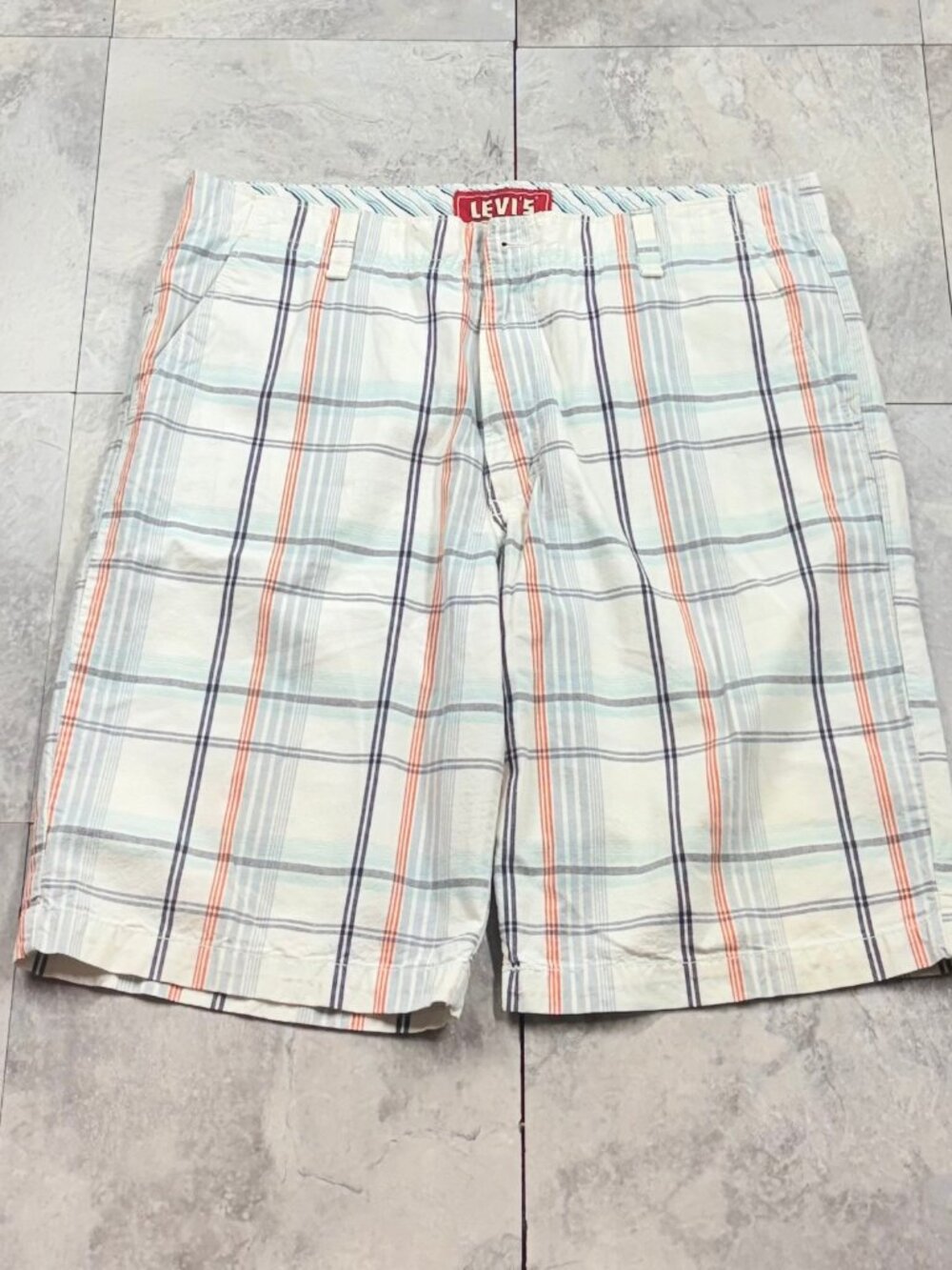 Levi's Plaid Baggy Shorts Men's 36 White Blue Relaxed Vintage Y2K